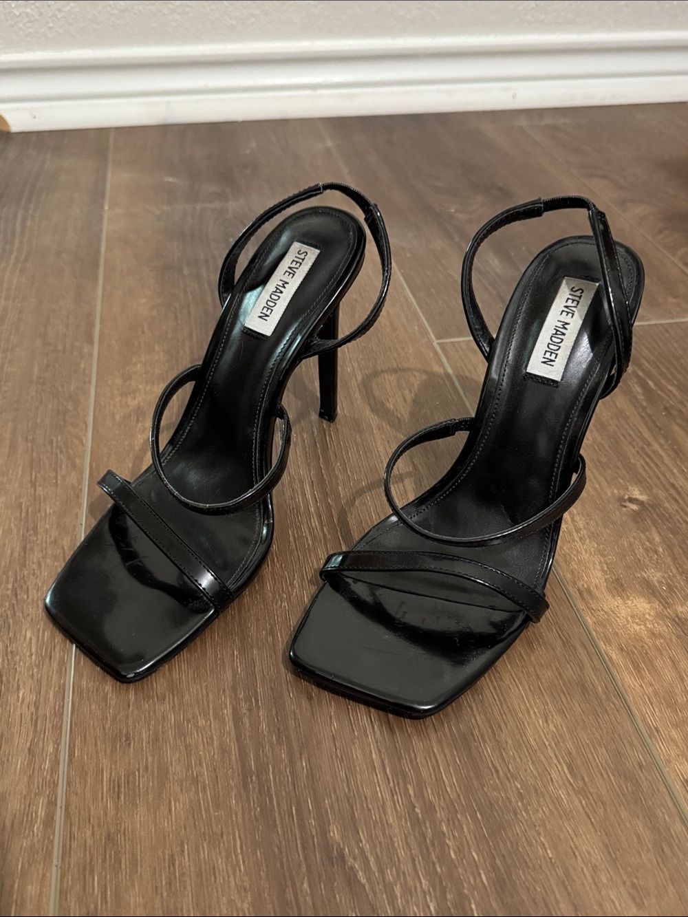 Steve Madden Black Patent Strappy Square-Toe Stiletto Sandals